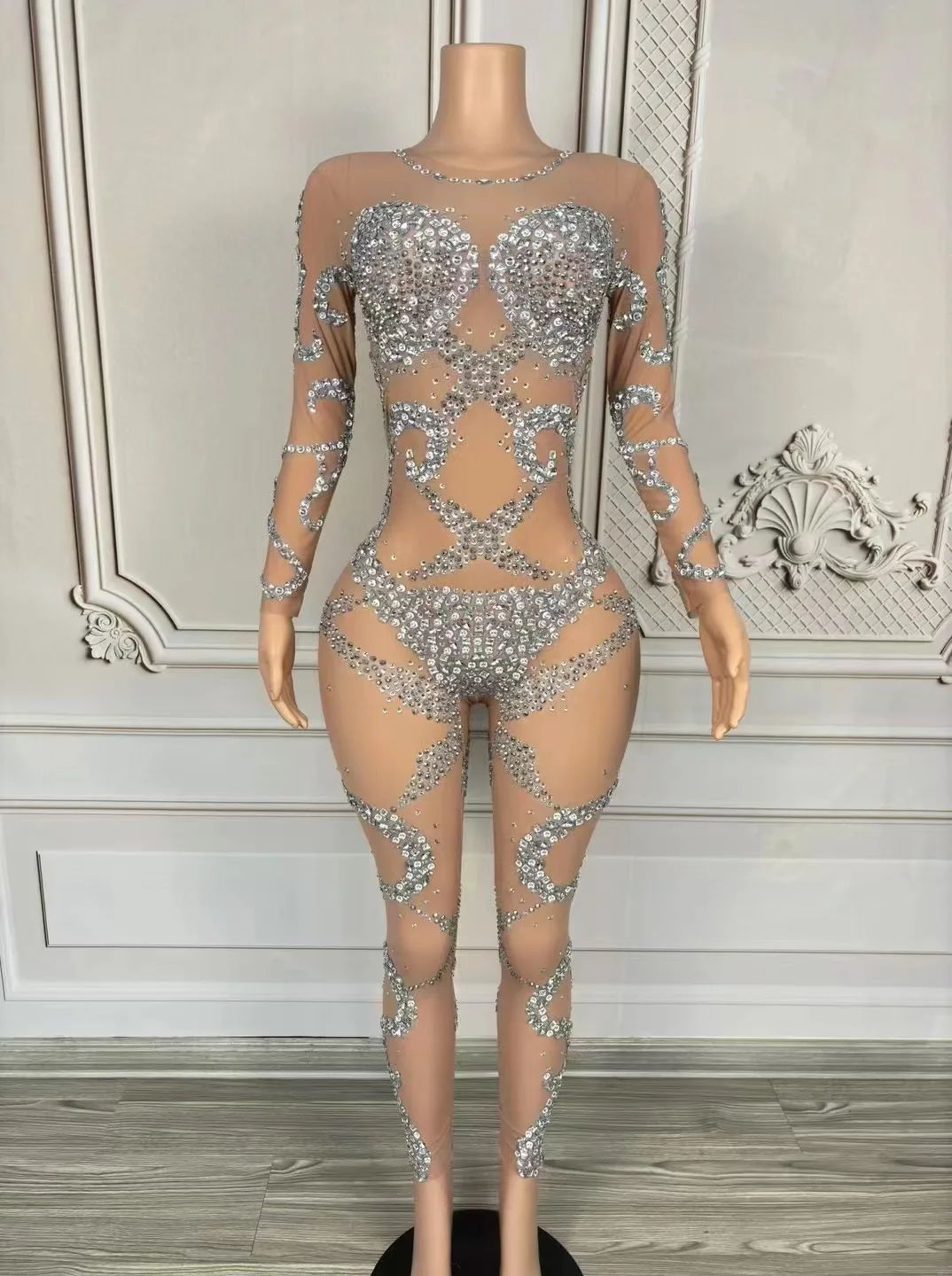 Night Club Gogo Opening Catwalk Djds Sexy Non-Removing Rhinestone Folded Printed Elastic Stage Performance Clothing