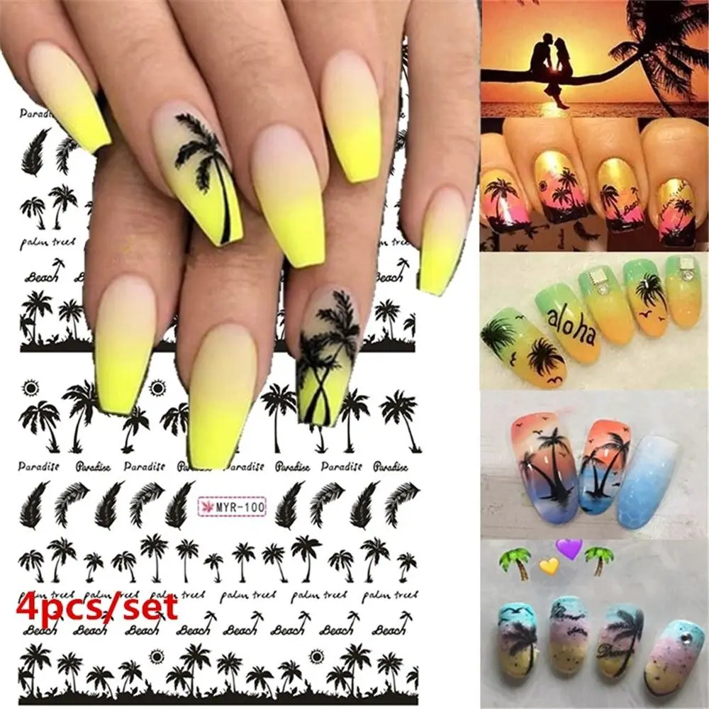 

4 Pcs Women Fashion 3D Nail Decor Tropical style DIY Beauty Palm Pattern Coconut Tree Nail Stickers Water Transfer Paper