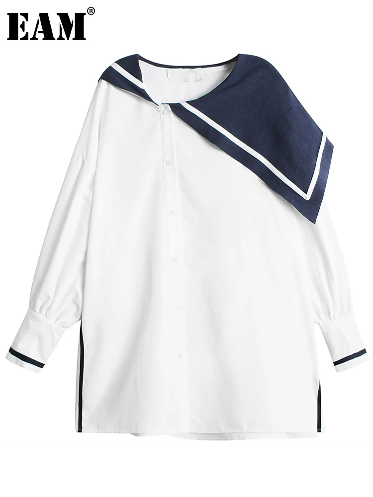 

[EAM] Women Black Big Size Color-block Blouse New Sailor Collar Long Sleeve Loose Fit Shirt Fashion Spring Autumn 2022 1DE6047