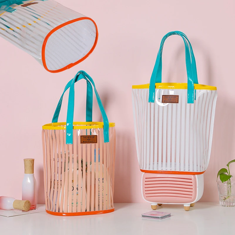 

Large Capacity Transparent Stripe Women Toiletry Cosmetic Bag Portable Travel Makeup Kits Wash Storage Pouch Beach Bags Handbags
