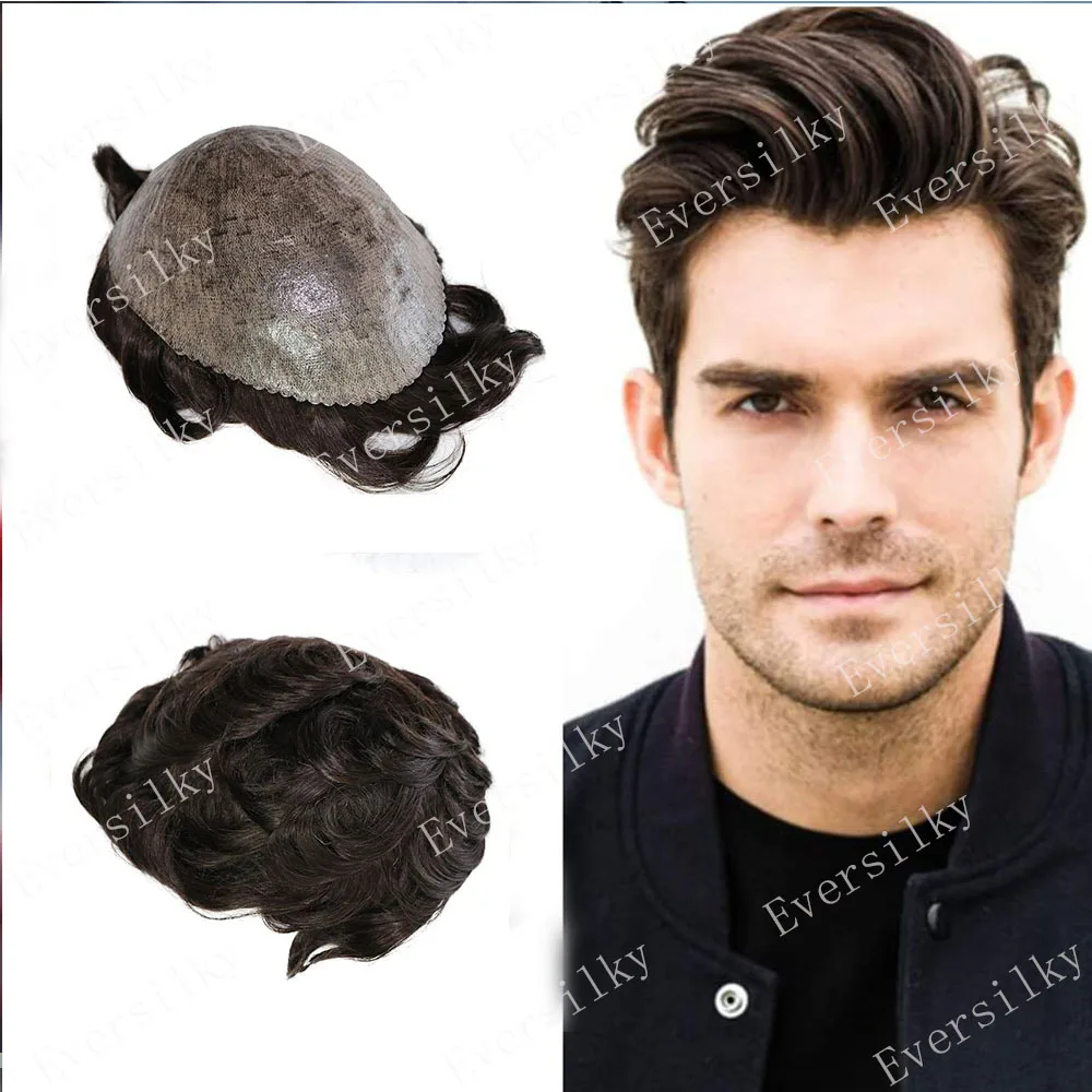 Dark Brown Super Durable Men's Wig Full Poly PU Silicone Skin Base 100% Human Hair Replacement System Hair Unit Cheap Prosthesis