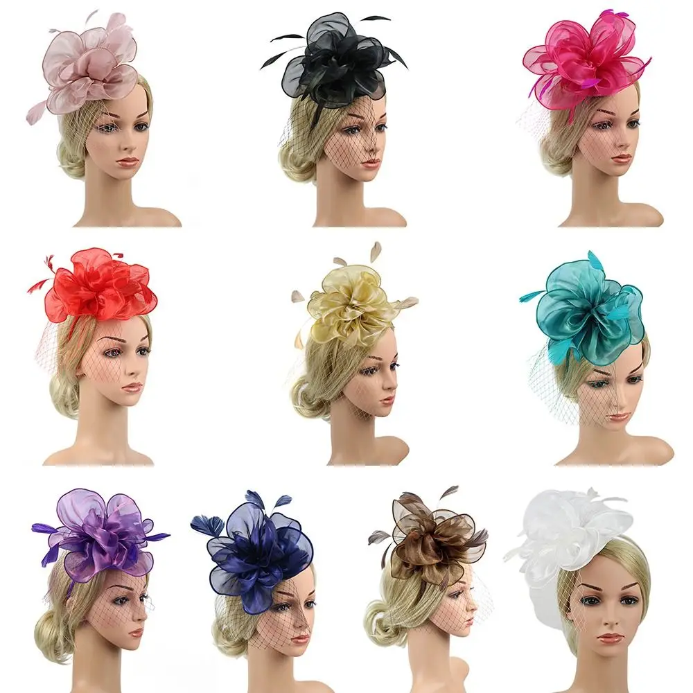 

Женская винтажная шляпка с вуалью, шляпка с перьями и цветами, свадебный головной убор