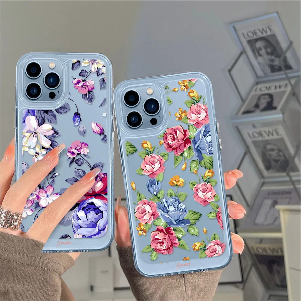 

Luxury PC+TPU Shockproof Case For IPhone 12 13 Mini 11 Pro Xs Max XR X Flower Floral Bumper Hybrid Hard PC Clear Cover Fundas