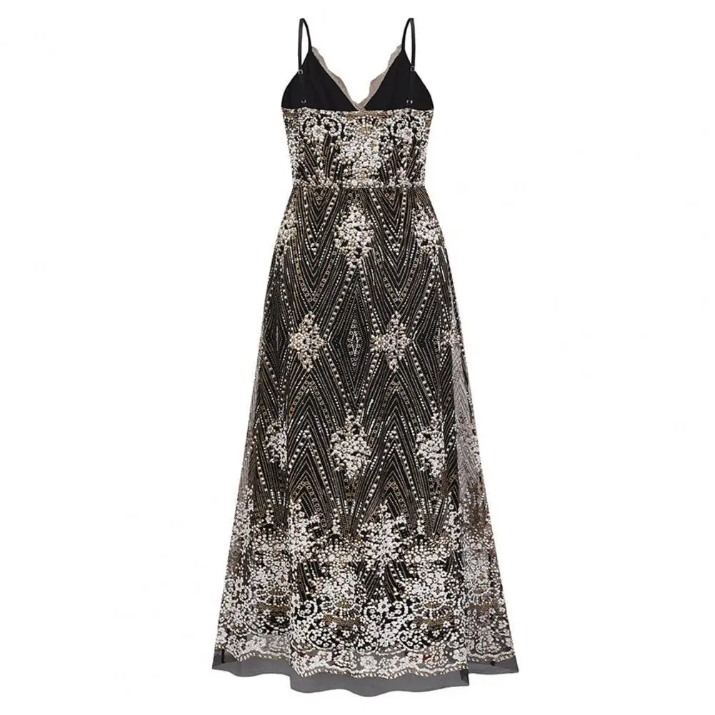 

Fashion Maxi Dress Lace Breathable Party Dress Sequins Decor Sling Dress