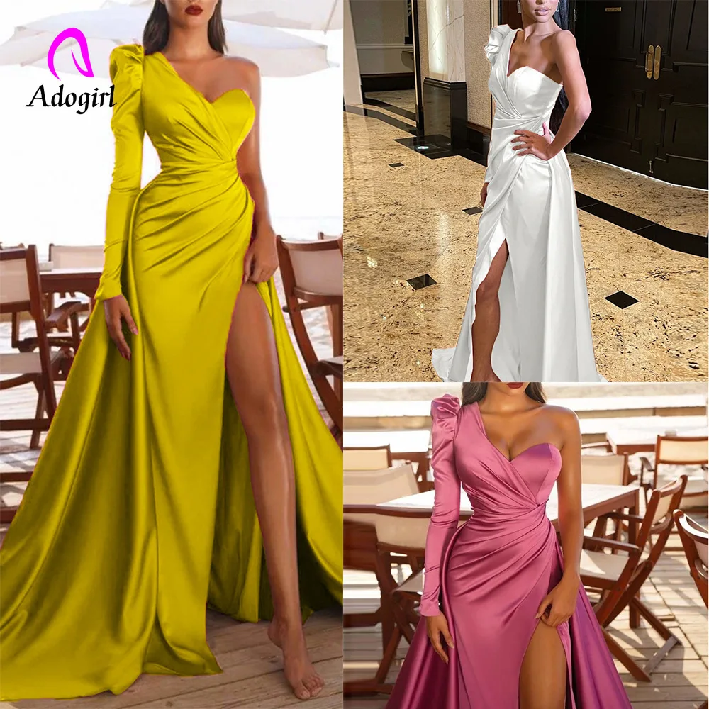 2021 Autumn Women's New Long-sleeved Satin Dresses High Slit One-shoulder Trailing Banquet Evening Party Dress Elegant Outfits