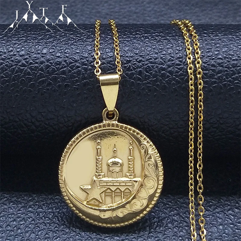 

Islam Muslim Mosque Crescent Moon Star Pendant Necklace Vintage Gold Color Stainless Steel Necklaces Amulet Rune Jewelry NK64S05