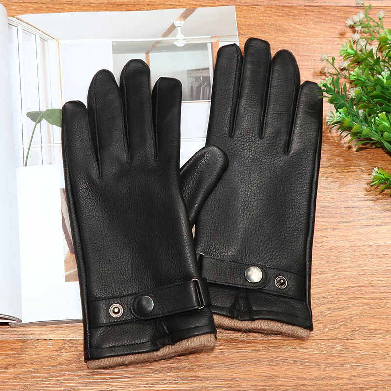 Real Leather Men Gloves High Quality Deerskin Thermal Knitted Lining Classic Black Driving Gloves Male XC-107