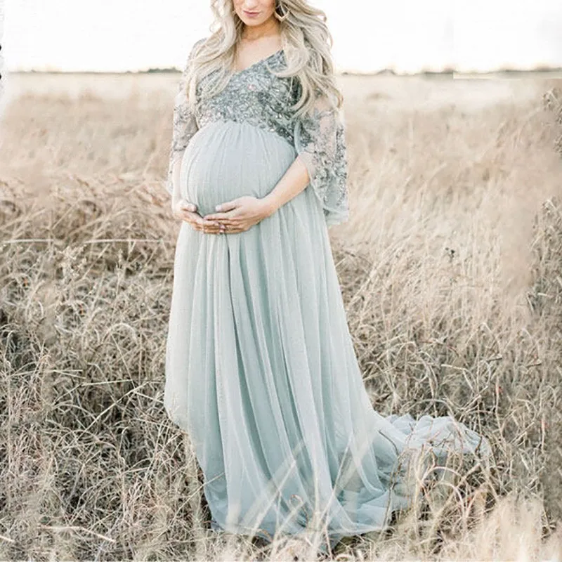 Elegant Mesh Maternity Dress for Photo Shoot Pregnant Women High Waist V-neck Blue Large Swing Dress Party Long Dress