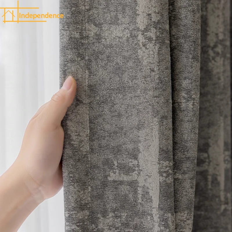 

Grey Jacquard Chenille Thickened Full Shading Curtains for Living Room Bedroom French Window Balcony Window Customized Finished