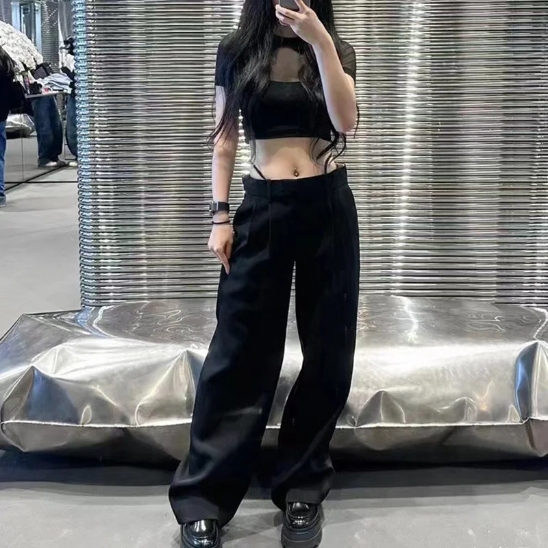 

FW 2023 New Casual Black Pants Women Sexy High Waist Metal Letter Lanyard Wide Leg Trouser Fashion Solid Color Loose Pants