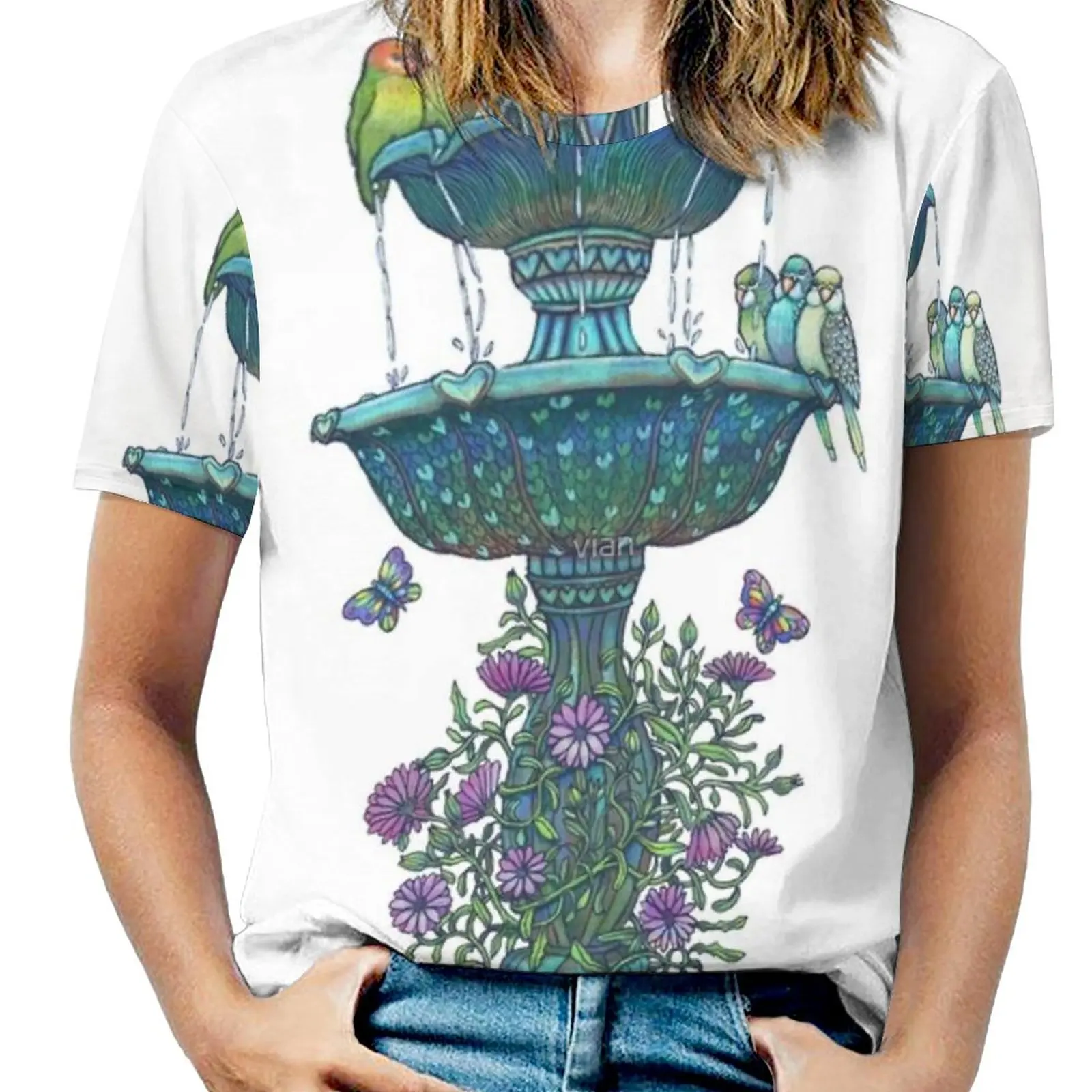 

Футболка женская летняя с круглым вырезом, повседневный топ с коротким рукавом, с изображением фонтана, птицы, сердца, цветов