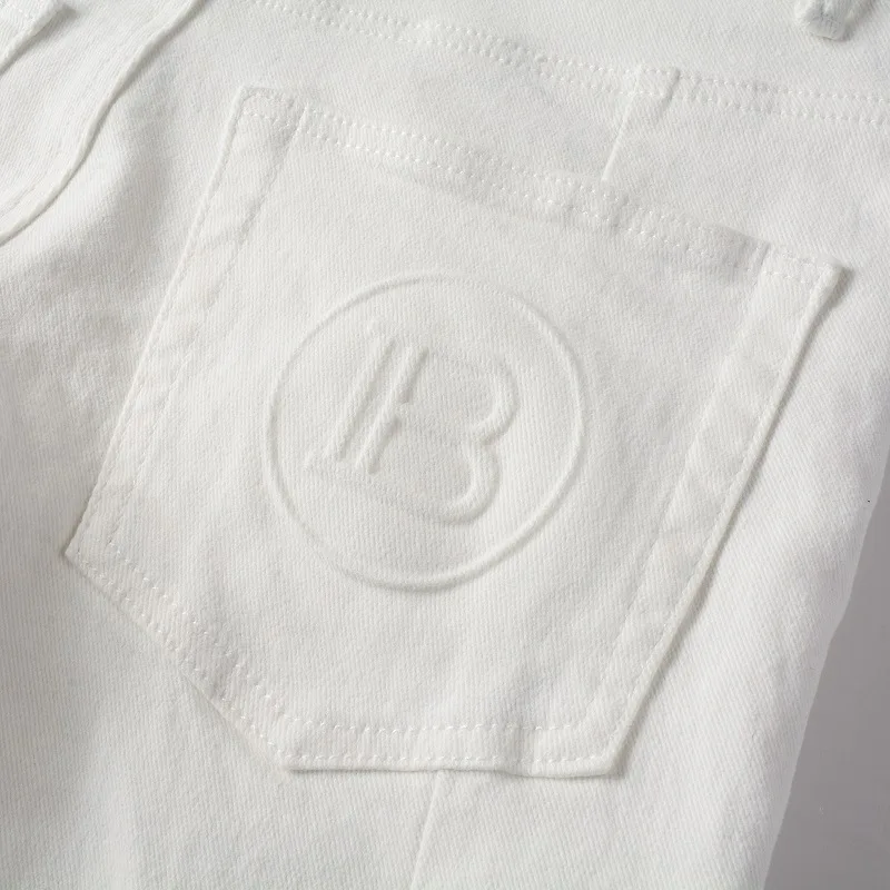 High Street Fashion Brand Destroyed Bandana Pants Men Ribs Patches Distressed Skinny Stretch White Slim Fit Ripped Zipper Jeans