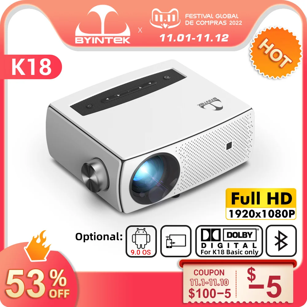 

BYINTEK K18 Projector Full HD 1080P LCD Smart Android 9.0 WIFI LED Home Theater Portable Mini Projector 1920x1080 for 4K Video