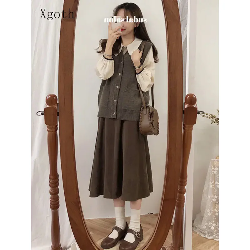 Xgoth весенне-осенний костюм-тройка блузка с длинными рукавами свитер на пуговицах