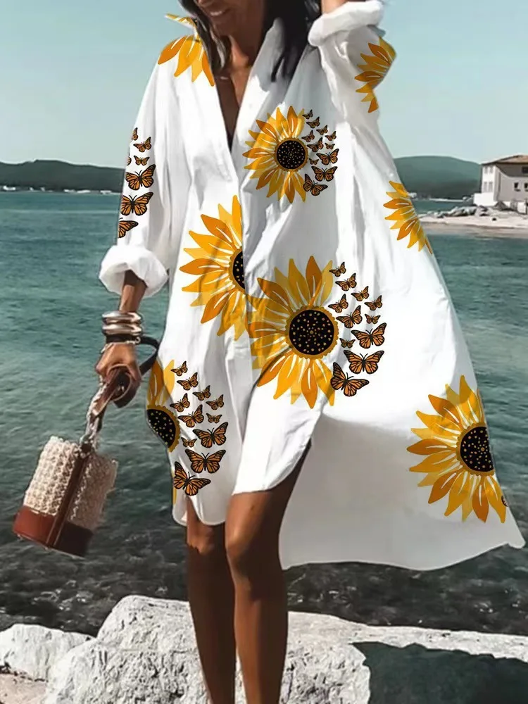 

Lapel Shirt Dresses Woman Summer Letters Flower Digital Printed Long Sleeve Button Cardigan Loose Short Dress Robes Femme