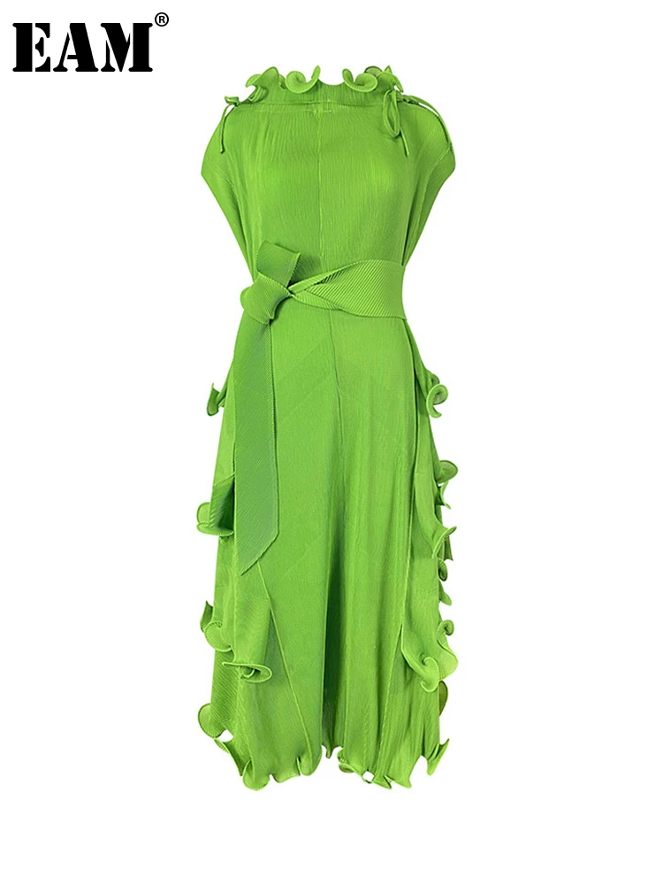 [EAM] Women Green Pleated Bandage Big Size Dress New Round Neck Short Sleeve Loose Fit Fashion Tide Spring Summer 2023 XQ1720