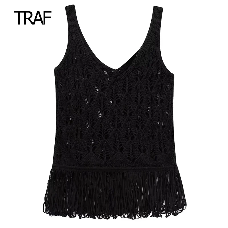 

Летний трикотажный женский топ-труба TRAF 2023, черный женский топ с бахромой и вырезами, с широкими бретельками, корейские летние вязаные женские жилеты