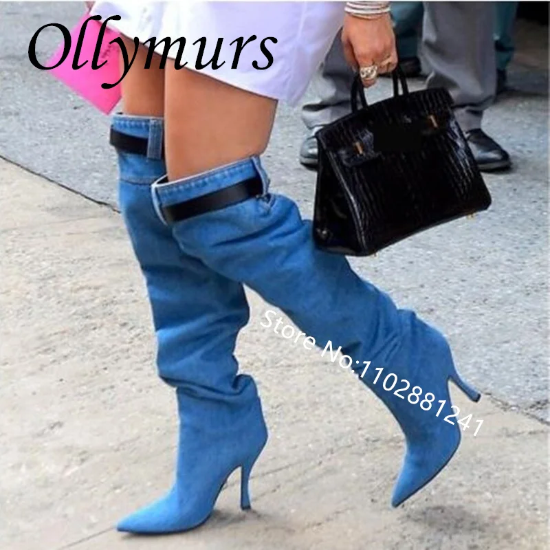 

Ollymurs New Denim Jeans Blue Over The Knee Boots Sexy Pointed Toe Motocycle Long Boots stiletto Shoes Women