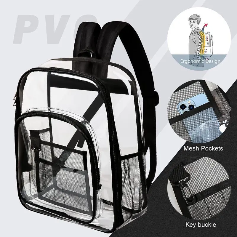 Waterproof Clear Backpack Heavy Duty PVC Transparent Large Capacity Backpack with Reinforced Strap for School, Work, Stadium, Tr