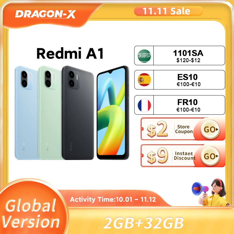 

Global Version Xiaomi Redmi A1 Smartphone 2GB RAM 32GB ROM MTK Helio A22 8MP Camera Cellphone 5000mAh Battery 10W Fast Charging