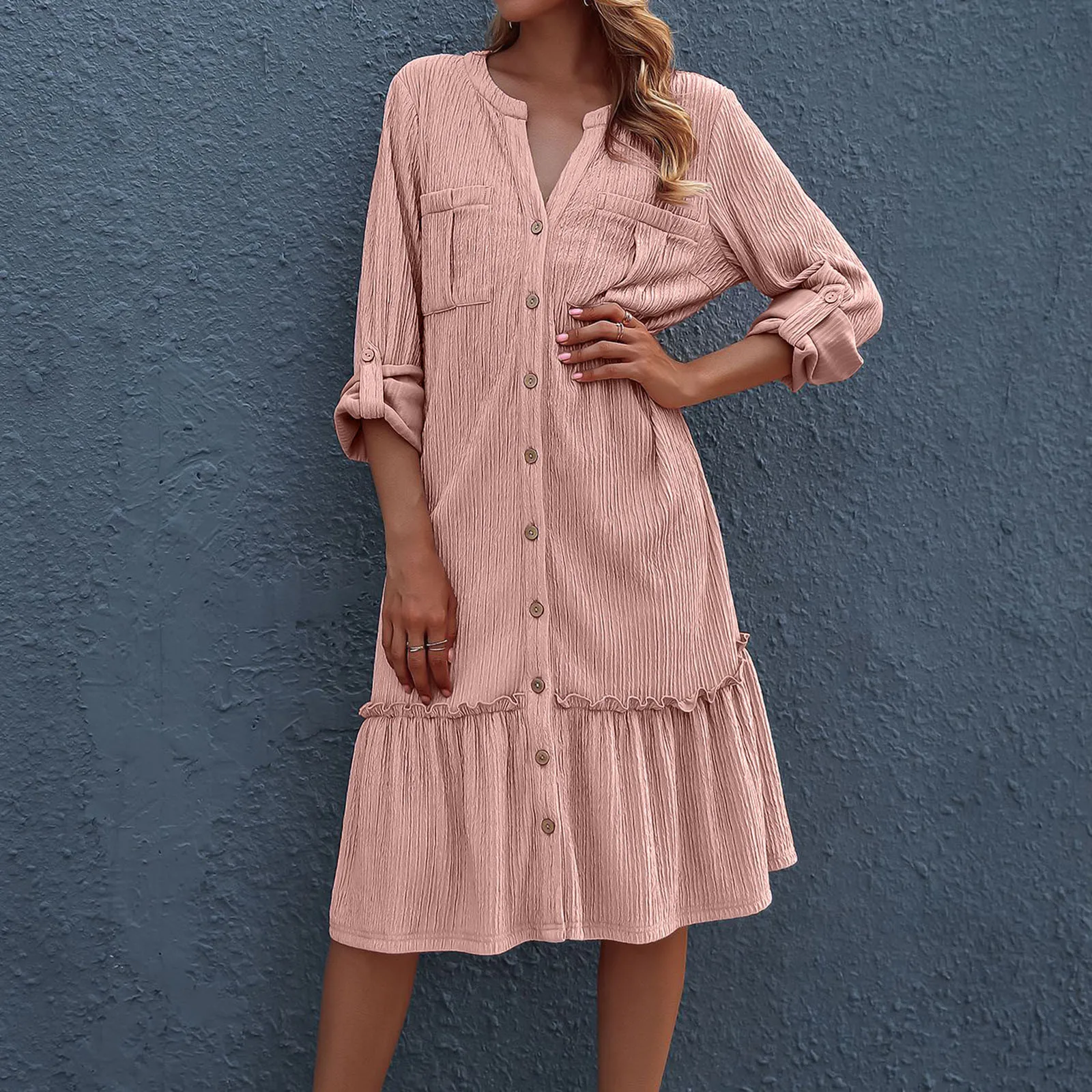 

Ladies Temperament Cardigan Solid Color Loose Waist Mid Skirt Slim Long Sleeve Dress Dress for Women Casual Elegant