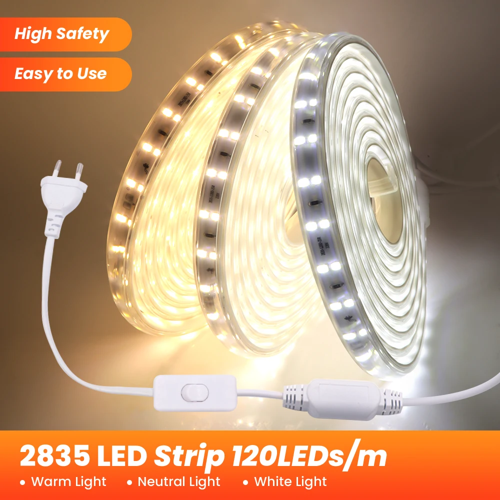 Double Row LED Strip 220V 240V Waterproof  With EU UK Switch 120leds/m Natural/Warm/Cool White Flexible Ribbon Tape LED Light