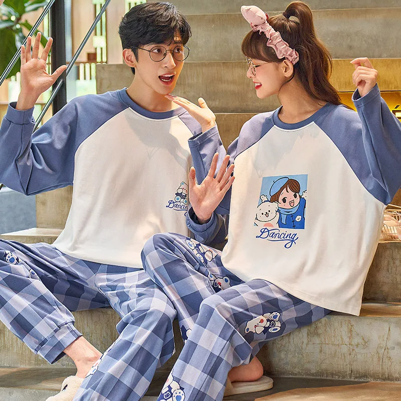 Yasuk Spring Autumn Fashion Women's Casual Lovely Soft Cotton Sleepwear Homewear Couple Pajamas Set With Pants Stripe Print Plai