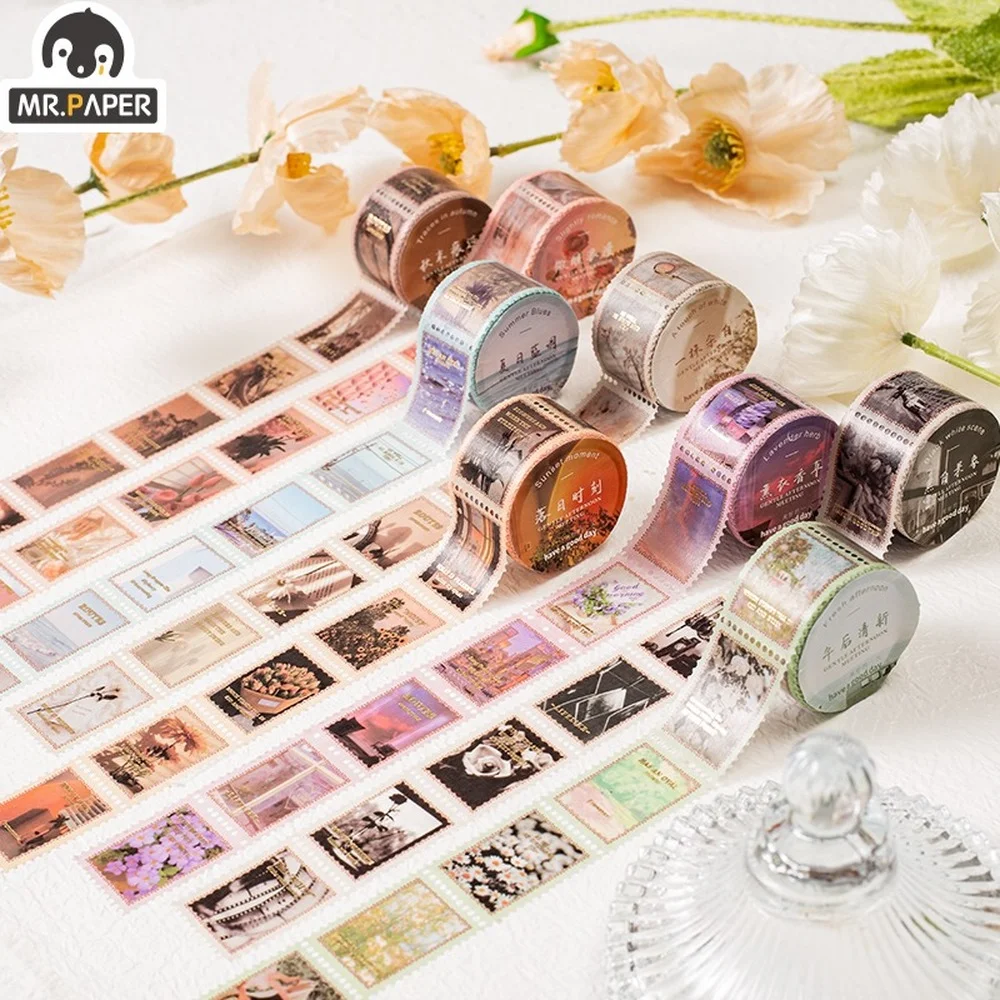 

Mr.Paper 8 Style Vintage Stamp Die-cut Washi Tape Creative Bronzing Plant Hand Account Sticker DIY Stationery Decorative Tape