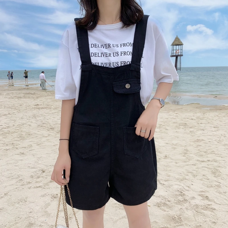 Женские джинсовые комбинезоны черные универсальные с высокой талией в Корейском