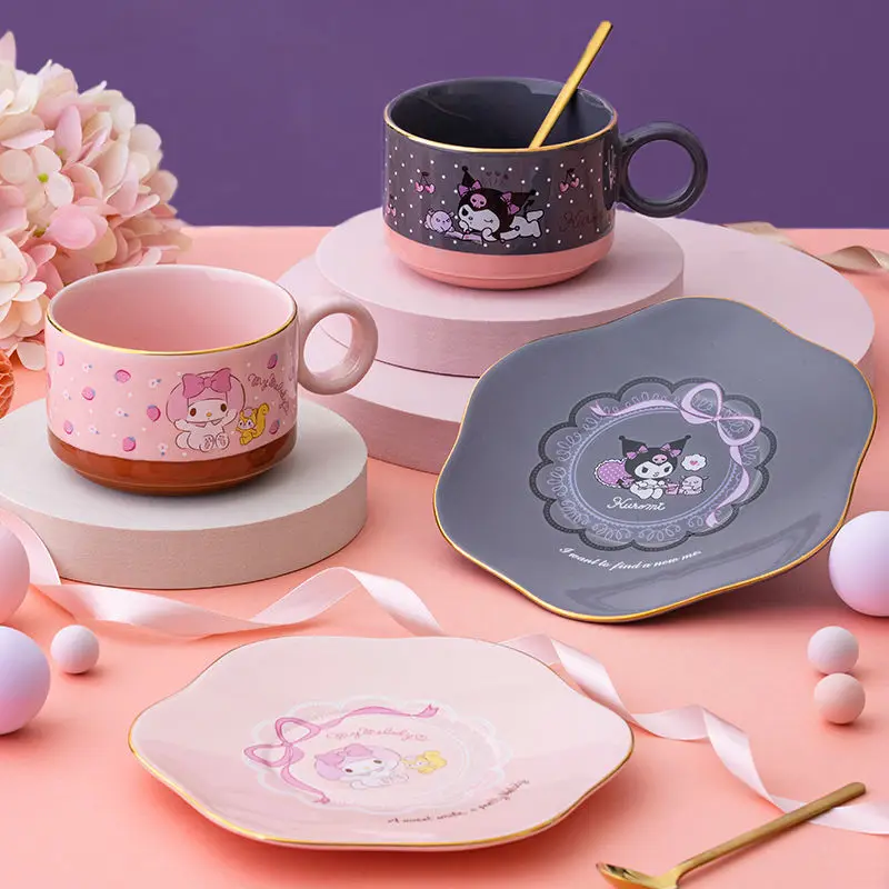 

Kawaii Sanriod Anime Hobby Mymelody Kuromi Cartoon Cute Household High-End Afternoon Tea Cup Ceramic Coffee Cup and Saucer Set