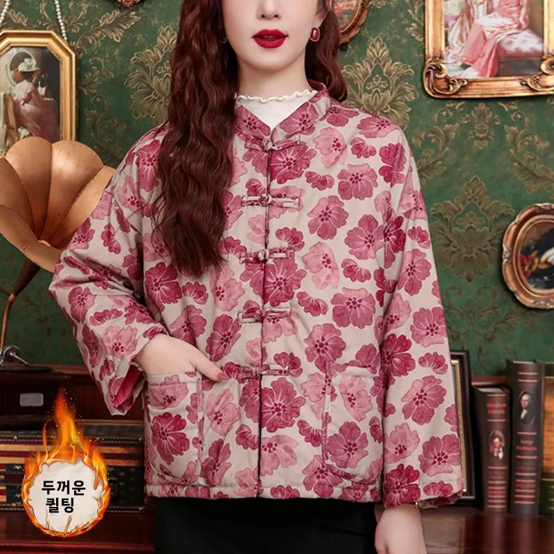 Хлопковая стеганая куртка с цветочным принтом новое китайское пальто хлопковой