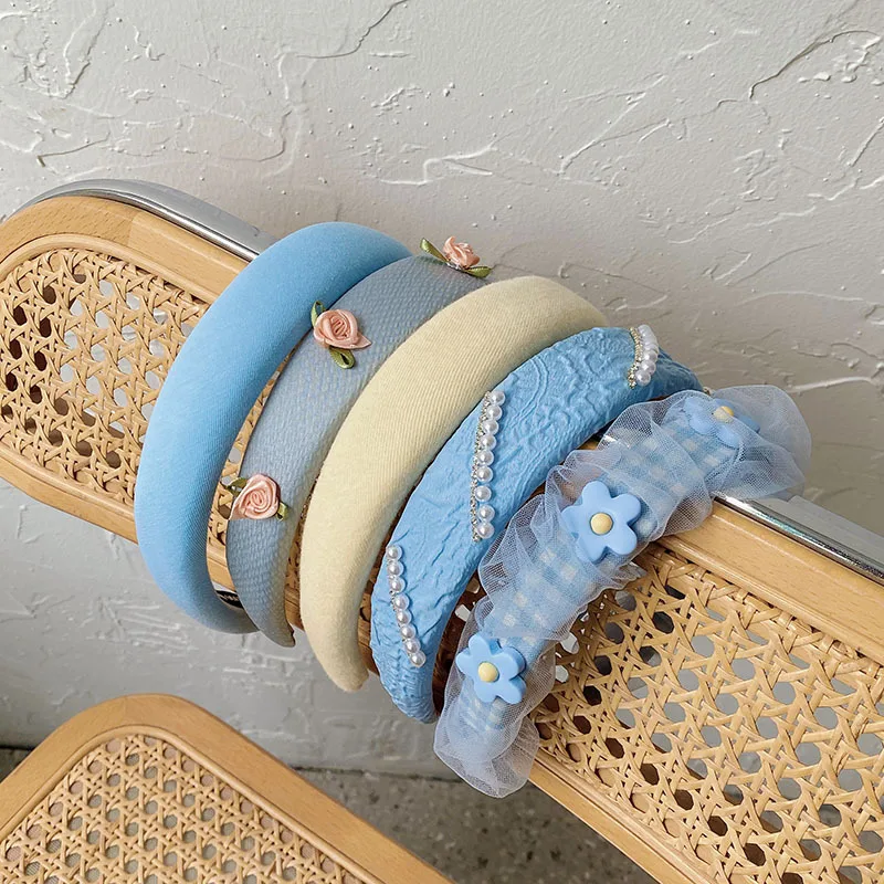 

New Blue Sponge Hairbands for Women Mesh Pearl Small Flower Headbands Wide Bezel Thick Velvet Hair Hoop Girls Hair Accessories