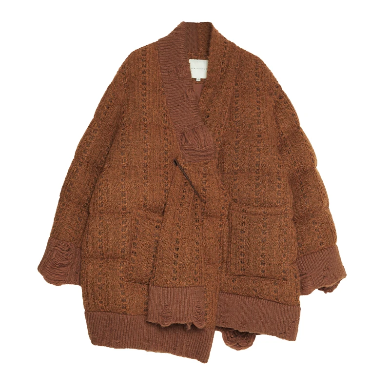 2023 winter Oblique Placket Woolen down Jacket Women's Simple Jacquard Hollow-out