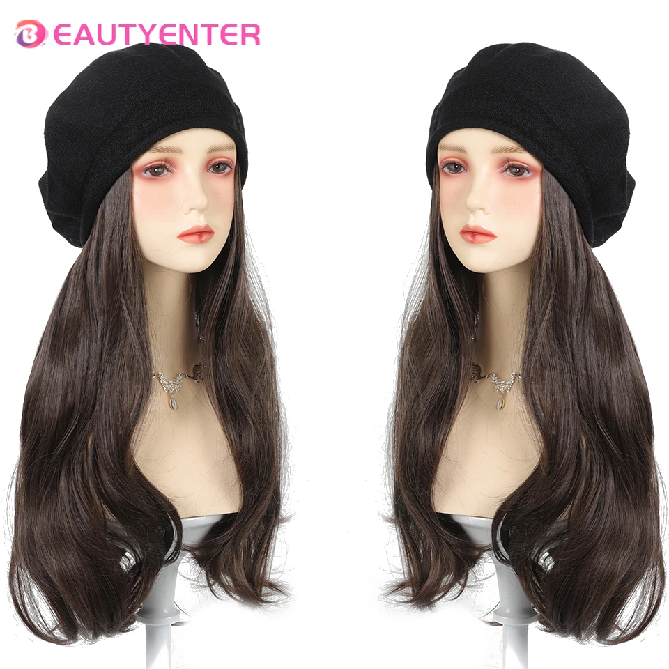 BEAUTYENTER Длинные вьющиеся волосы с черным шерстяным беретом челкой Синтетический