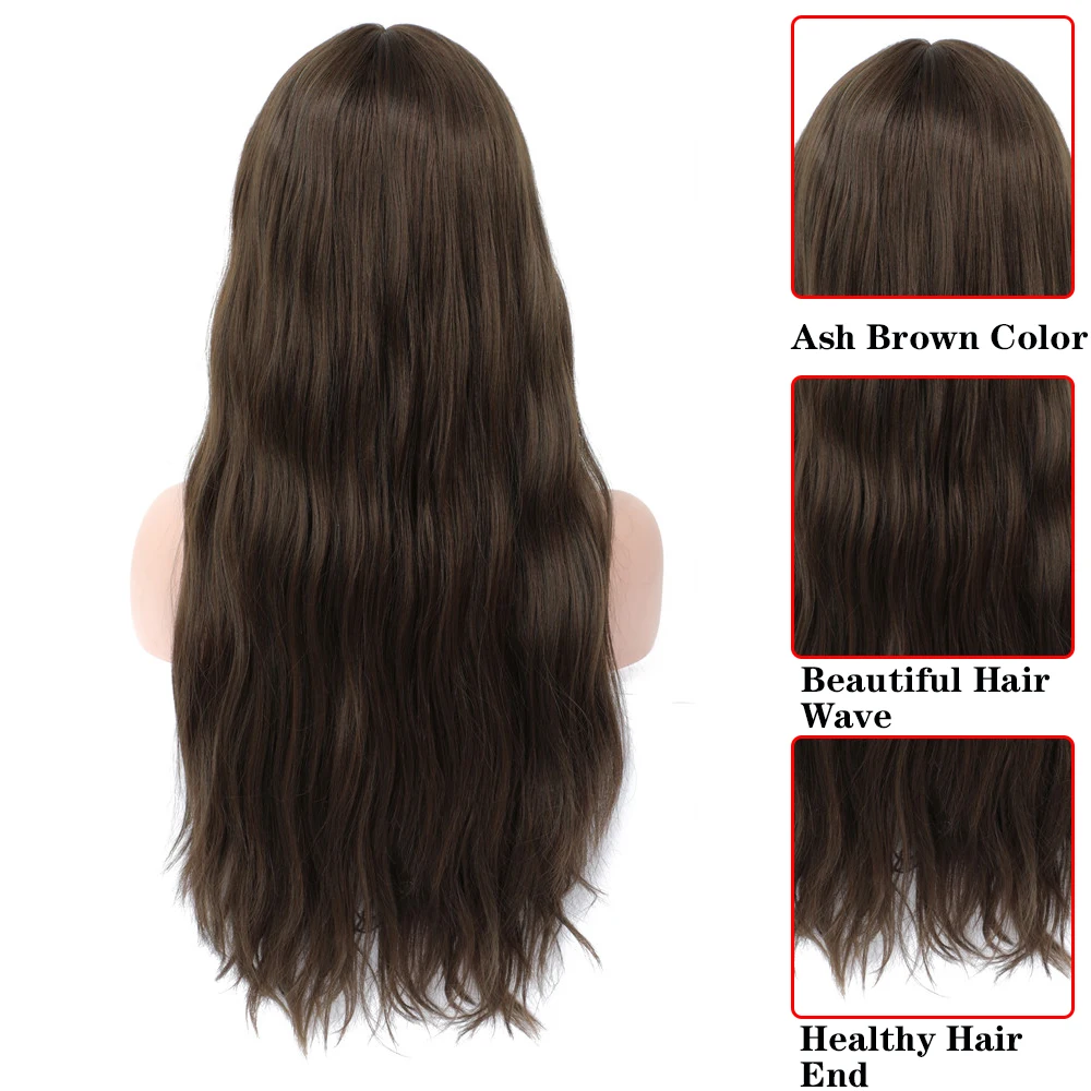 Long Natural Wave Ash Brown Synthetic Hair Wig With Finger Bangs Glueless Machine Made Heat Resistant Wigs X-TRESS Cosplay Party |
