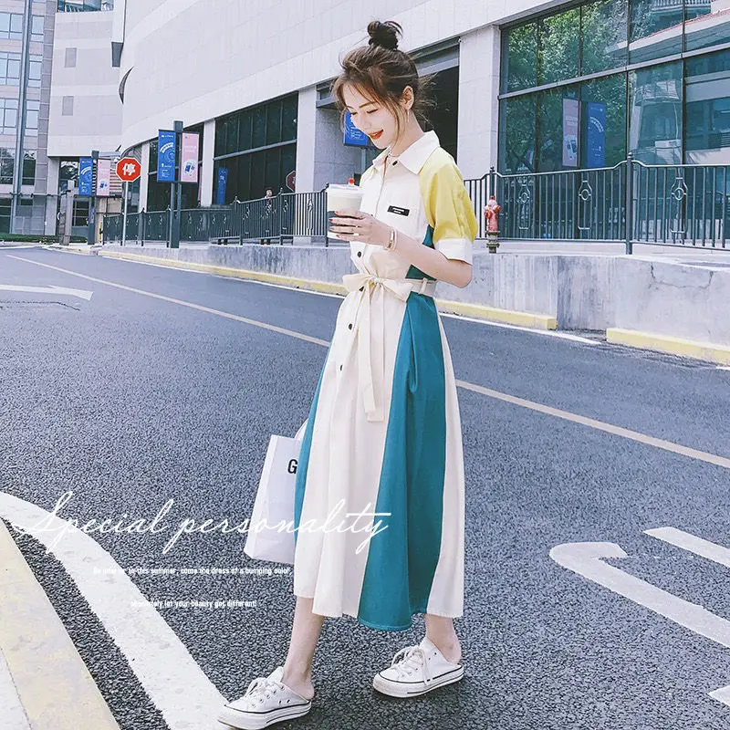 

Dress Summer Women's Clothing French Retro Maxi Shirt Dress Leisure Loose Korean Lace Single-breasted Fashion Splicing Cotton
