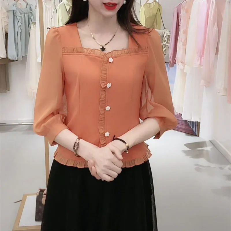 

Spring Summer Elegant Square Collar Shirt Stylish Edible Tree Fungus Patchwork Female Clothing Button Casual 3/4 Sleeve Blouse