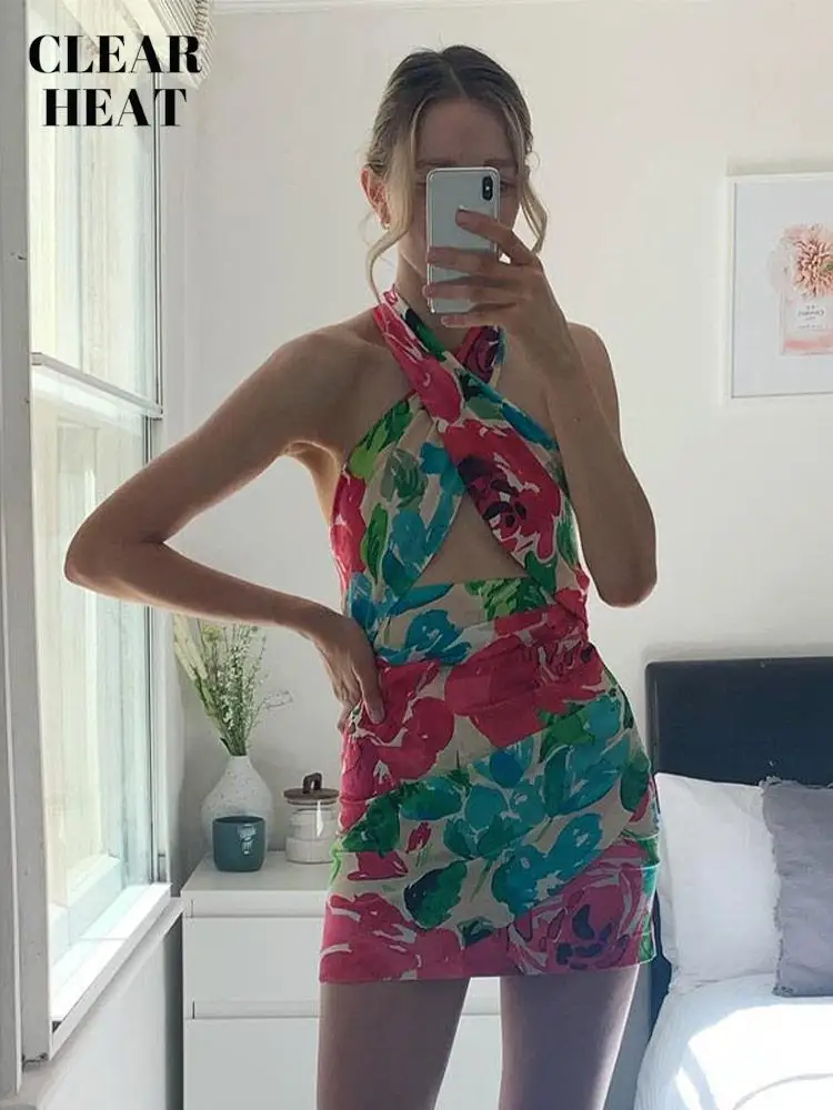 

Women Sexy Floral Print Cross Halter Mini Dress Fashion Sleeveless Backless Bodycon Dress Female Vintage Street Vacation Dresses