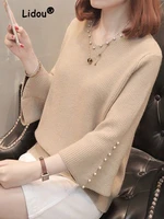 fashion elegance solid color bead personality decorate knitting sweater lady new classic long sleeve loose v neck t shirt 2022