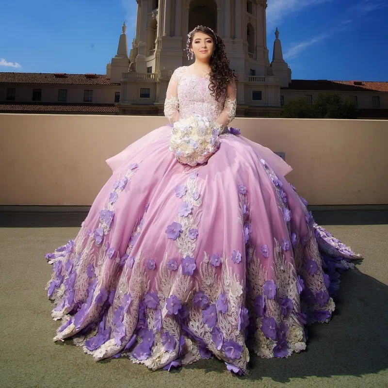

Pink Princess Quinceanera Dresses O-Neck Long Sleeved Ball Gown Applique Beading 3D Flowers 15 Year Old Girl Party Dresses