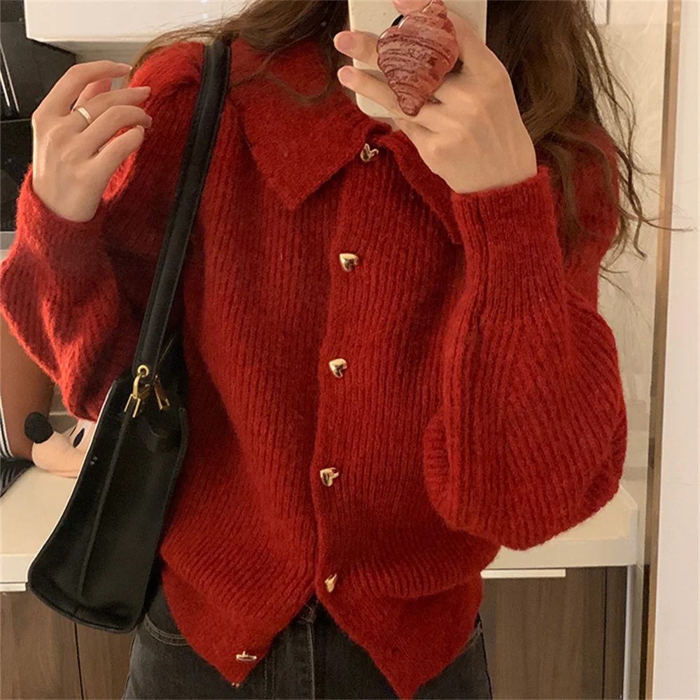 

HziriP Christmas Red Women Coats Sweet Gentle OL New Slim-Fit Winter 2022 Cardigans Knitwear Solid Office Lady Mujer Sweaters