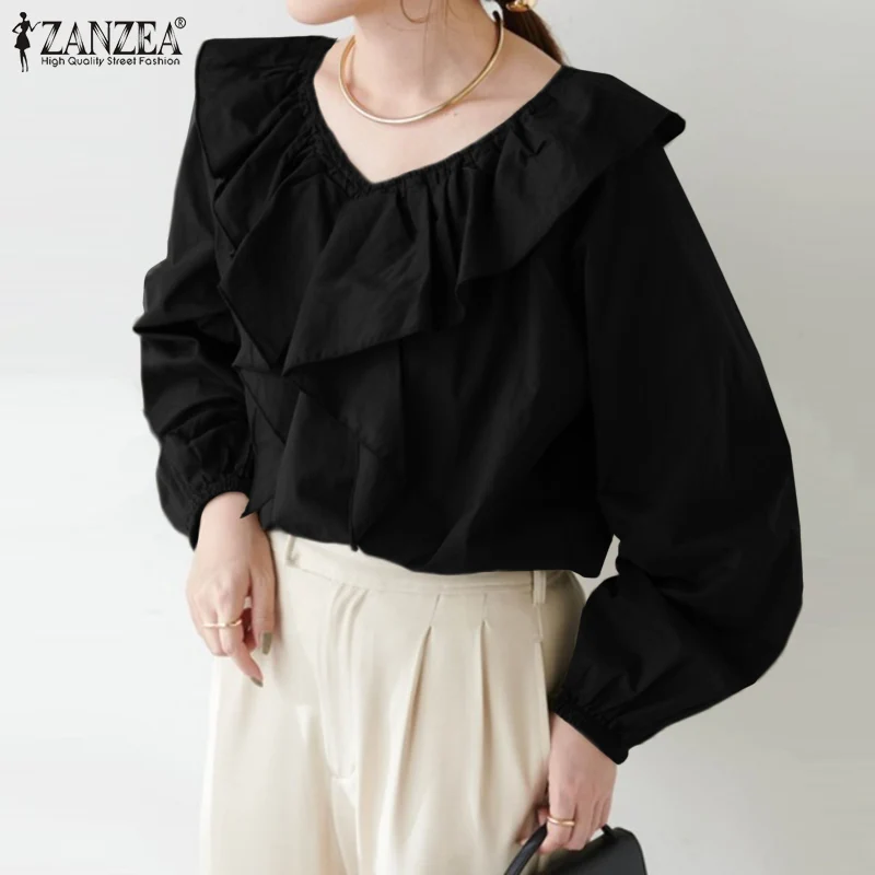 

Модные Однотонные блузки ZANZEA с воланом, осенние элегантные блузки с оборками, женская рубашка с V-образным вырезом и длинным рукавом, женски...