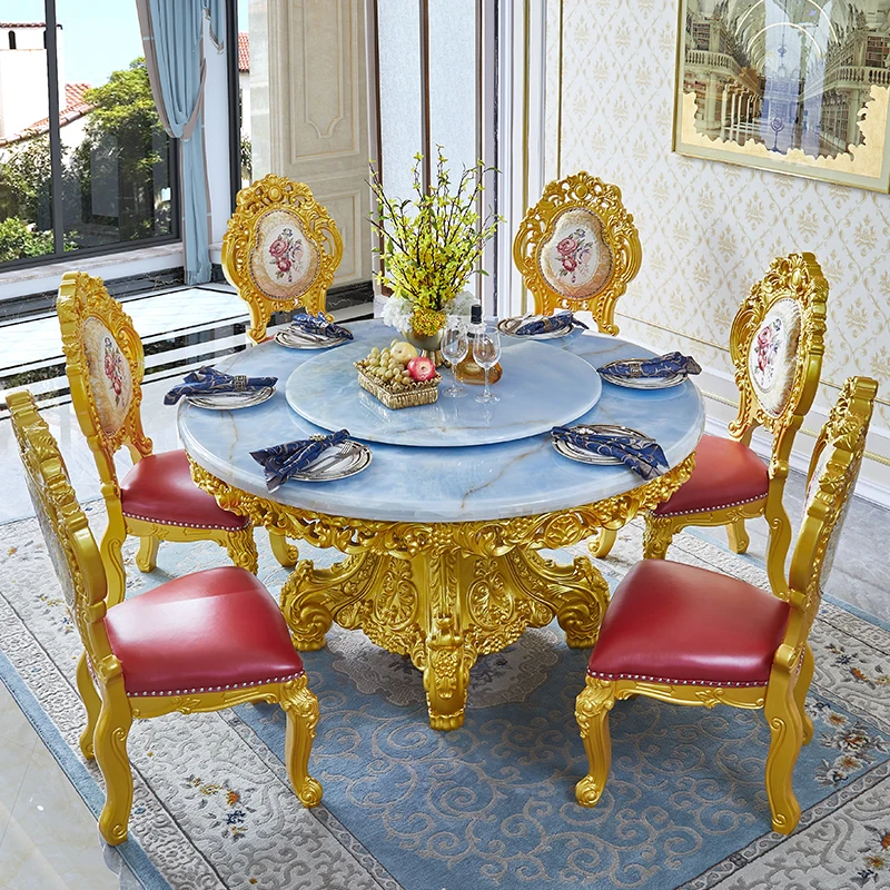 Combination Villa All Solid Wood Carved French Court Round Dining Table