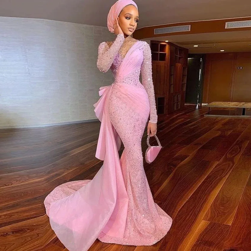 

Sparkly Beaded Lace Evening Dresses Aso Ebi Style Pink Pearls Mermaid Prom Gowns Plus Size African Nigerian Luxury Party Dresses