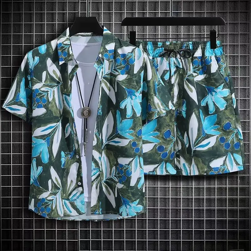 New Men's Printed Shirt Set, High-quality Fashionable Shorts, Hawaiian Style Casual Floral Top, Quick Drying Casual Set for Men.