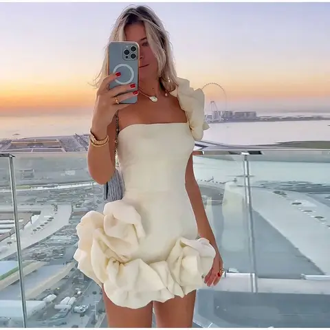 Elegant Short Floral Party Dresses One Shoulder Ruffles Mini Length Women Maxi Prom Dress 2023 Female Evening Dress Stretchy