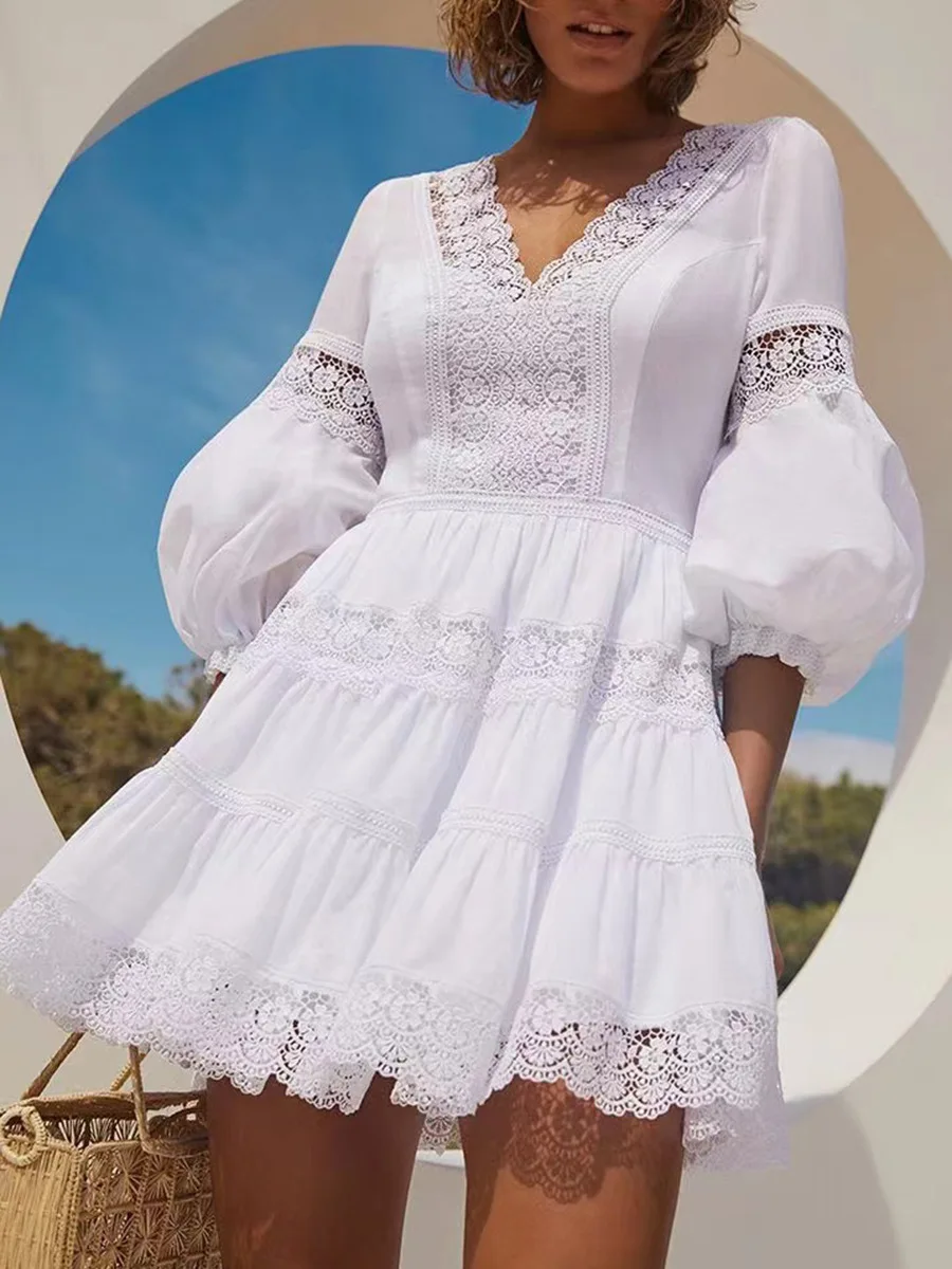 

Женское праздничное платье-трапеция, платье составного кроя во французском стиле с вышивкой, V-образным вырезом, рукавами-фонариками и выре...