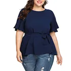 Блузка женская с коротким рукавом, однотонная элегантная рубашка, цвет темно-синийчерный, большие размеры, лето