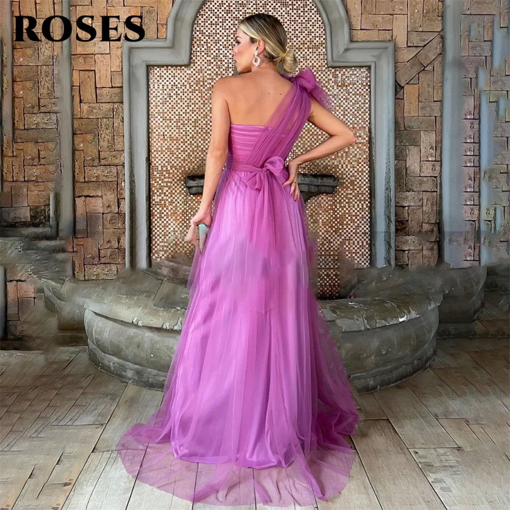 Fuchsia One Shoulder Tulle Prom Dress Pleats Tiered Long Evening Dresses Sashes Formal Prom Party Gowns Wedding Party Gown
