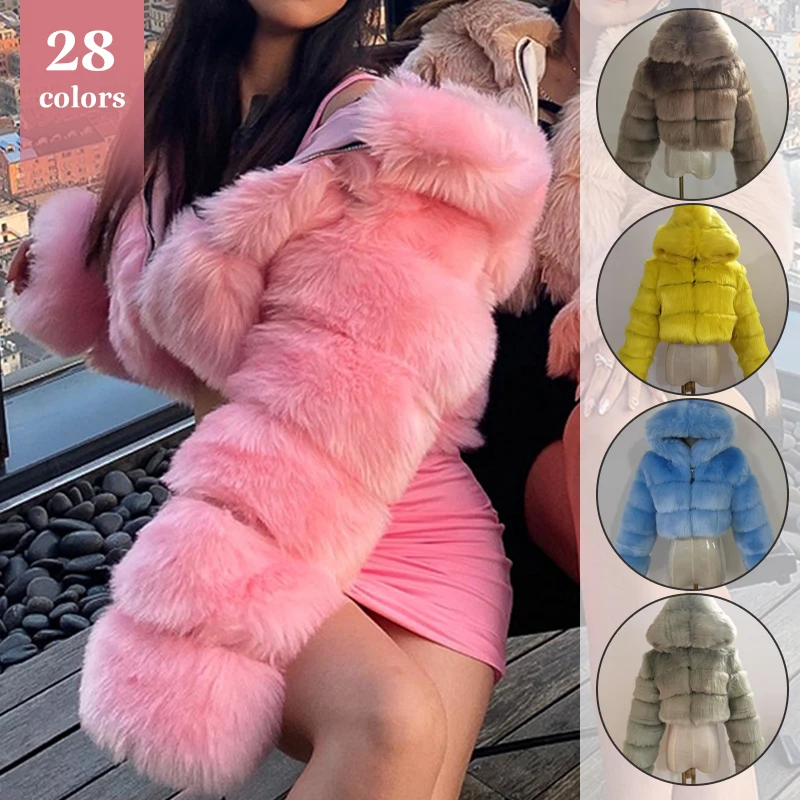 Высококачественные пушистые укороченные пальто из искусственного меха женские